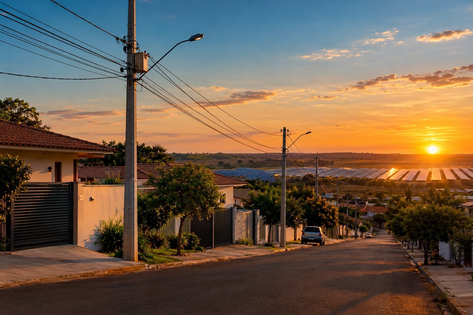 Rua residencial ao entardecer, com a rede de distribuição de energia chegando às casas e uma usina solar no horizonte